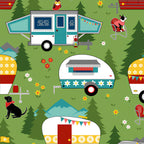 Retro caravans camping dogs owl grassy green novelty quilting fabric for glamping quilts cushions travel accessories and caravan curtains