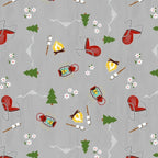 Grey quilting cotton with tossed campfires, lanterns, red chairs, trees, and marshmallows