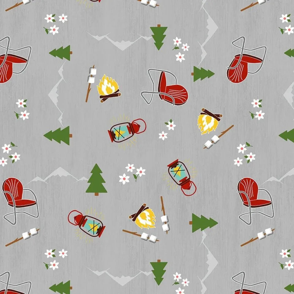 Grey quilting cotton with tossed campfires, lanterns, red chairs, trees, and marshmallows