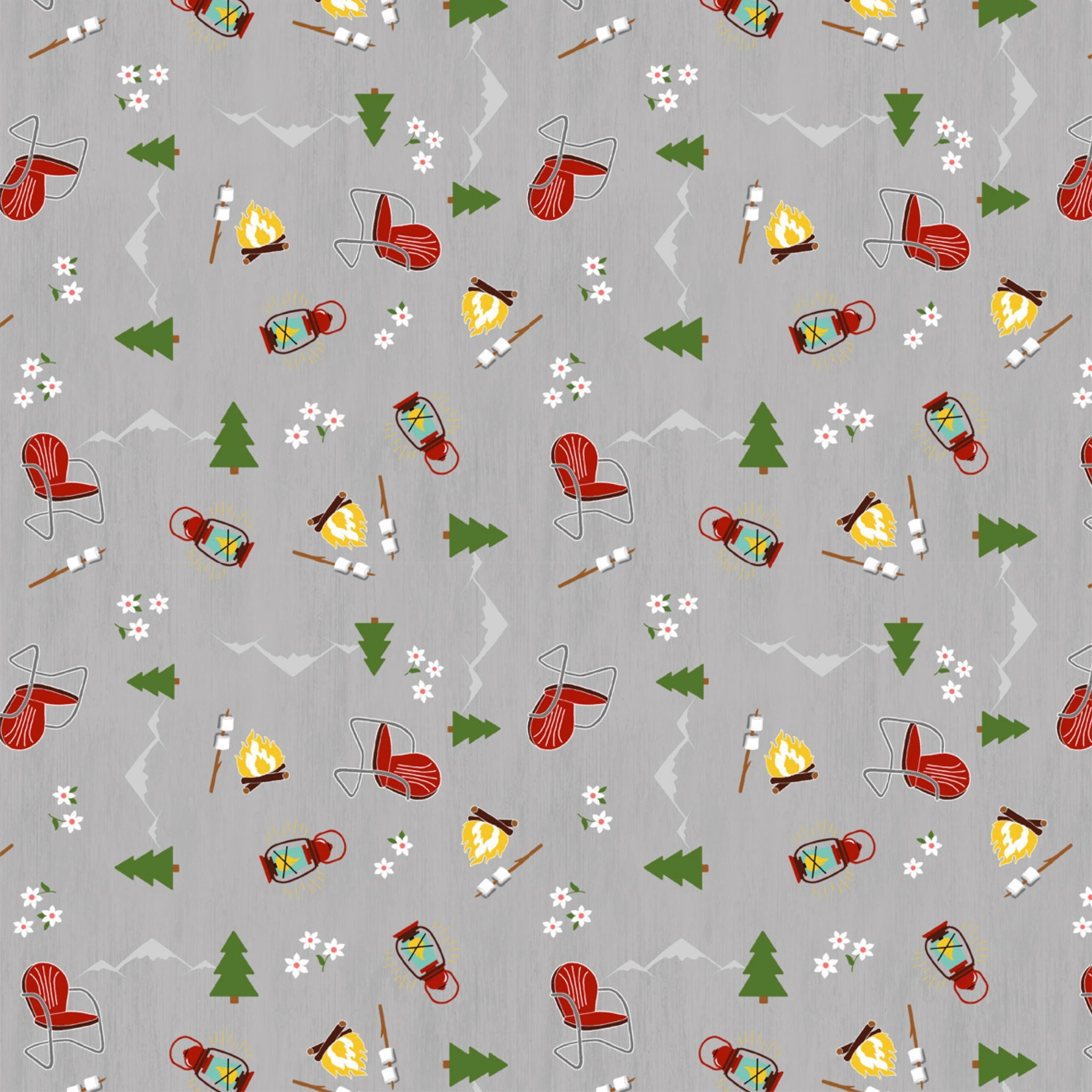 Gone Glamping Tossed Camping Grey - Wilmington - Three Wishes Patchwork Fabric