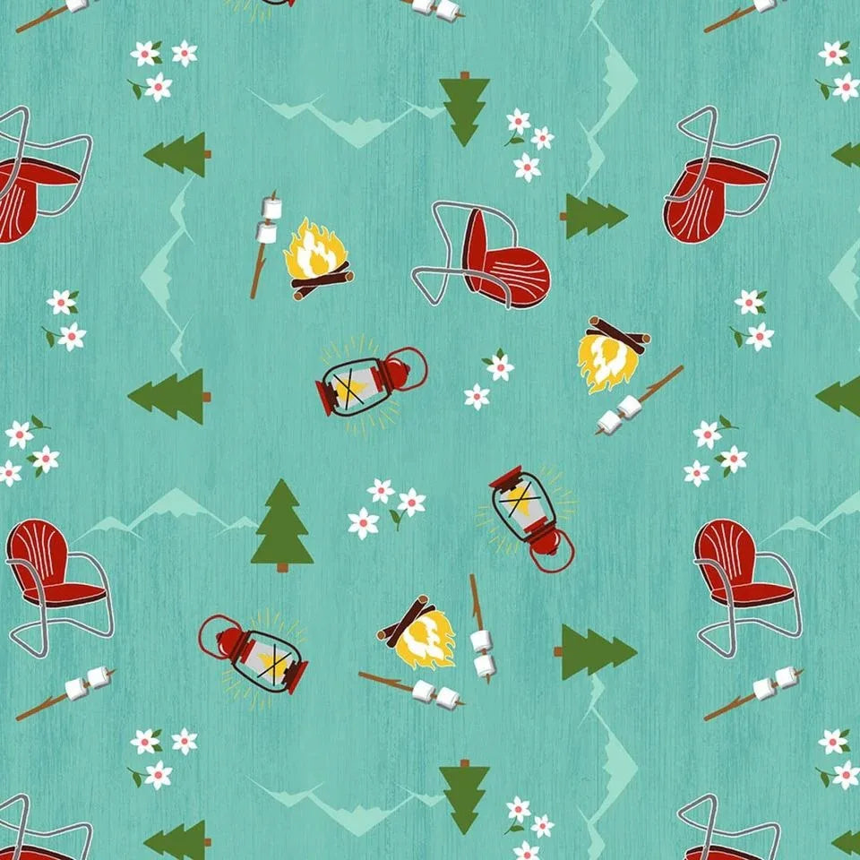 Teal quilting cotton with tossed campfires, lanterns, red chairs, trees, and marshmallows