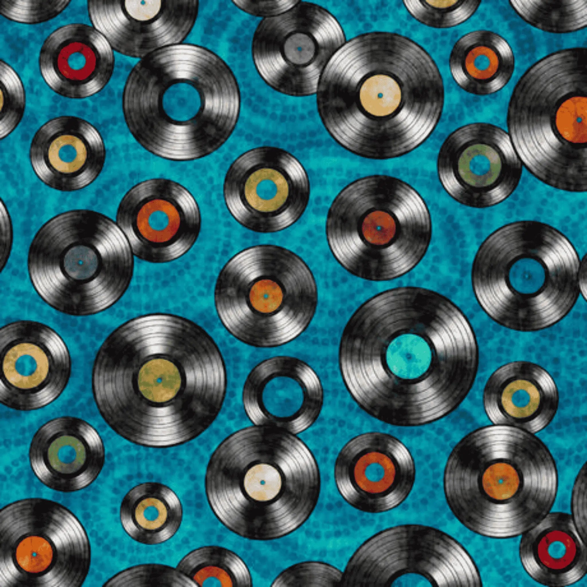 Good Vibrations: Vinyl Records (Teal) - Dan Morris for QT Fabrics - Three Wishes Patchwork Fabric