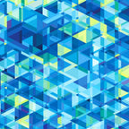 Overlapping geometric triangles blue turquoise green yellow kaleidoscope fabric for modern quilts cushions bags and patchwork sewing projects