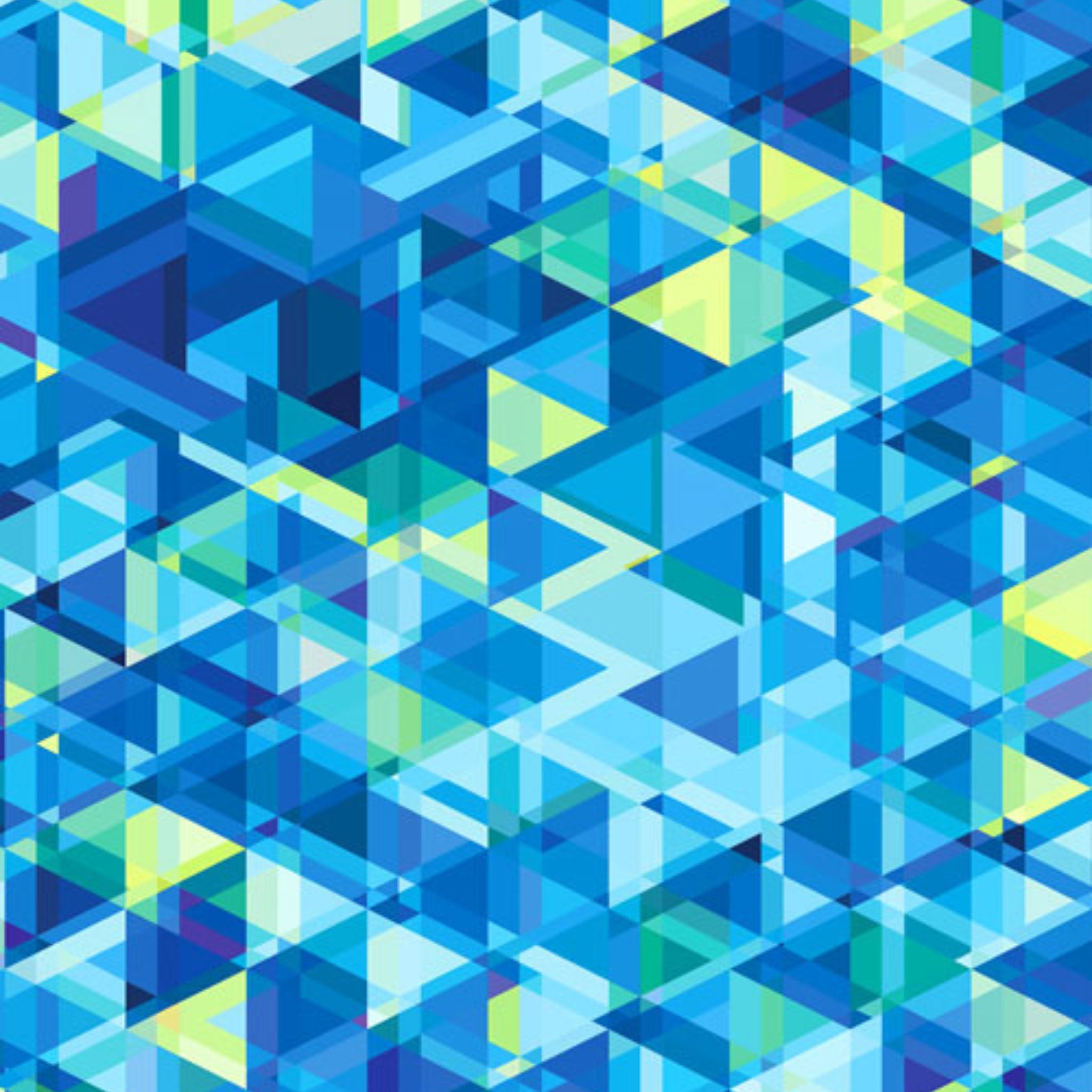 Overlapping geometric triangles blue turquoise green yellow kaleidoscope fabric for modern quilts cushions bags and patchwork sewing projects