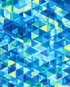 Overlapping geometric triangles blue turquoise green yellow kaleidoscope fabric for modern quilts cushions bags and patchwork sewing projects