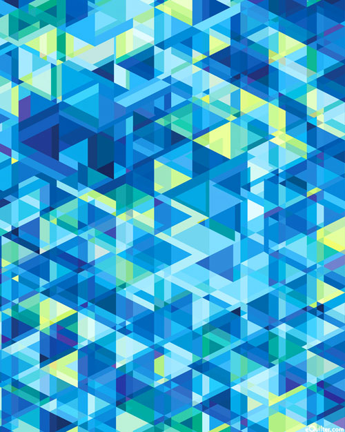 Overlapping geometric triangles blue turquoise green yellow kaleidoscope fabric for modern quilts cushions bags and patchwork sewing projects