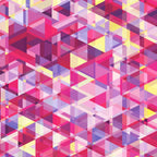 Overlapping geometric triangles pink purple yellow cream kaleidoscope fabric for modern quilts cushions bags and patchwork sewing projects