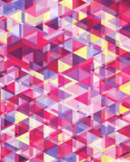 Overlapping geometric triangles pink purple yellow cream kaleidoscope fabric for modern quilts cushions bags and patchwork sewing projects