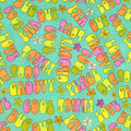 Retro groovy word toss turquoise pink orange yellow fabric for 60s 70s themed quilts bags patchwork sewing projects