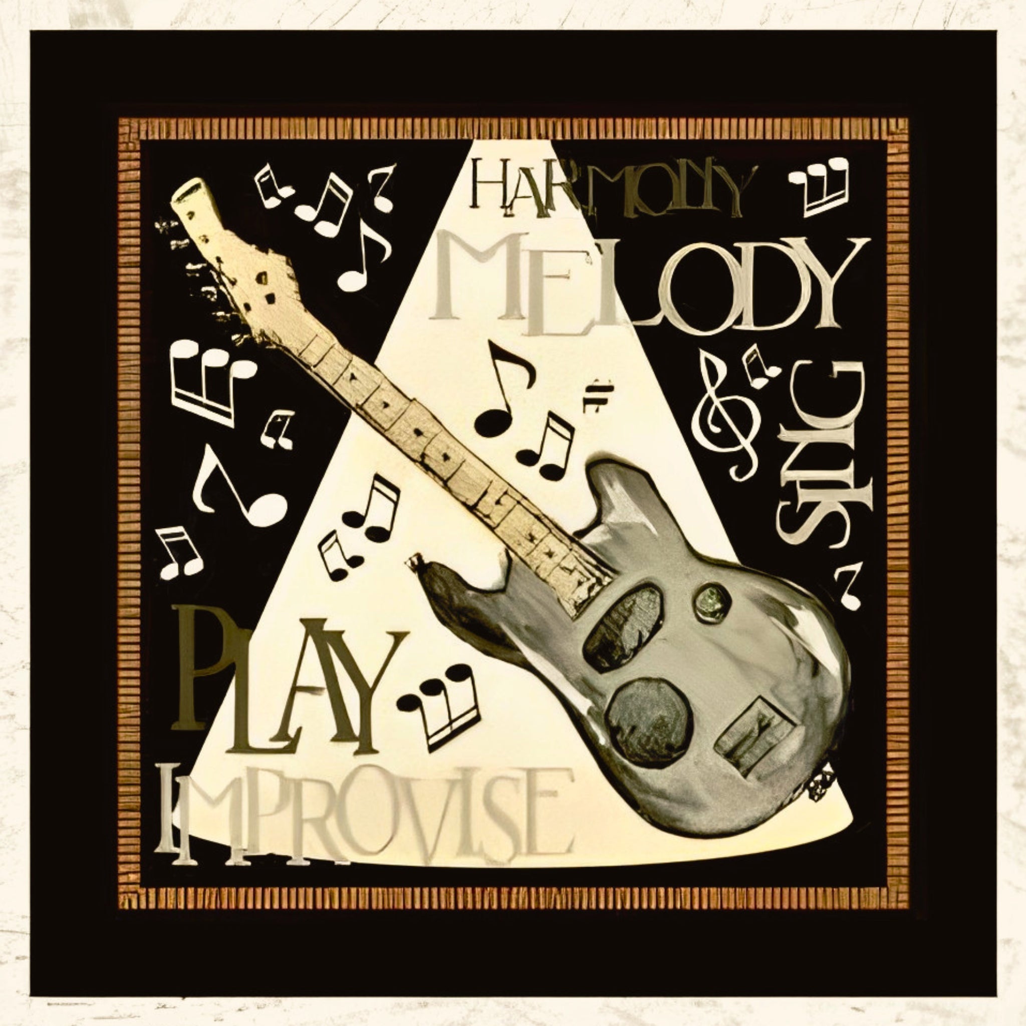 Play Your Song electric guitar Harmony Melody Sing Play Improvise music notes black cream novelty music panel block