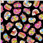 Novelty tossed retro caravans multi-colour black fabric for camping quilts bags cushions and caravan lover gifts Loralie Harris Designs