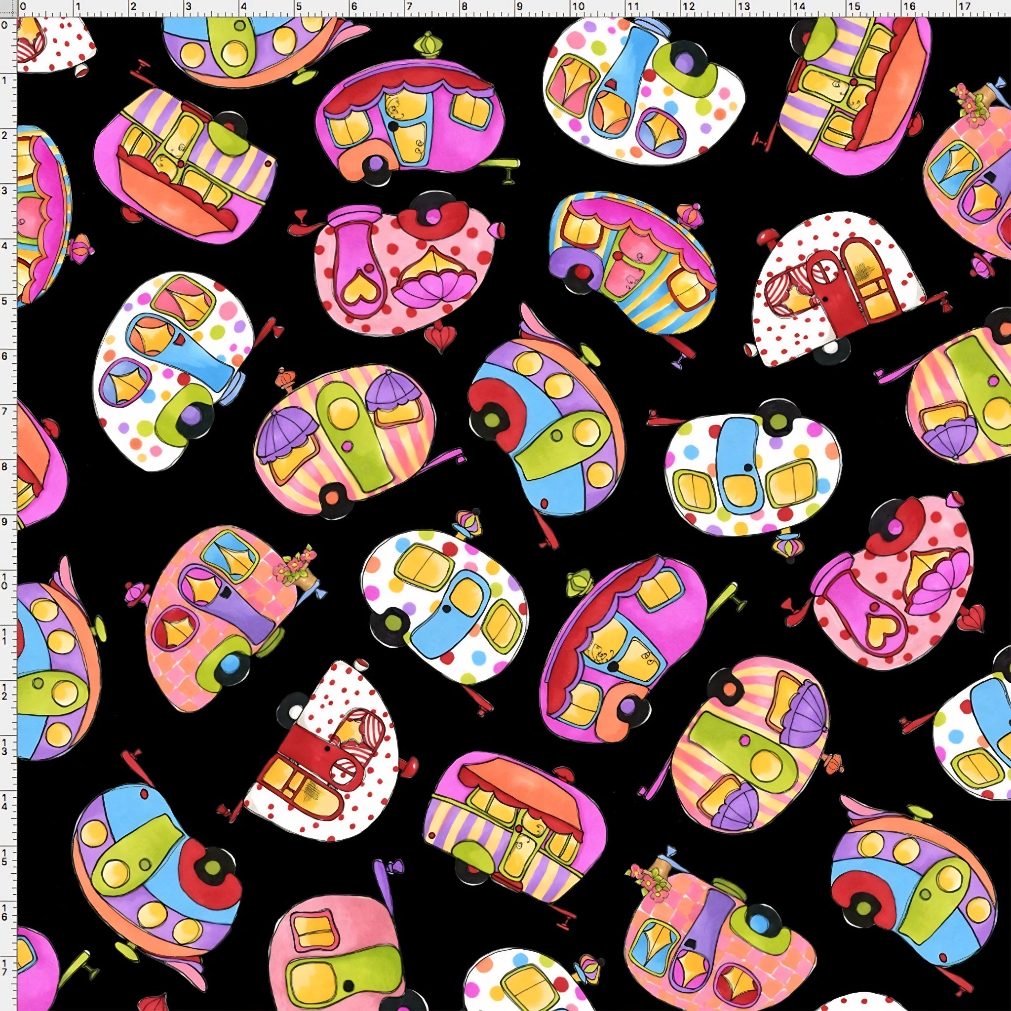 Novelty tossed retro caravans multi-colour black fabric for camping quilts bags cushions and caravan lover gifts Loralie Harris Designs