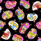 Novelty tossed retro caravans multi-colour black fabric for camping quilts bags cushions and caravan lover gifts Loralie Harris Designs