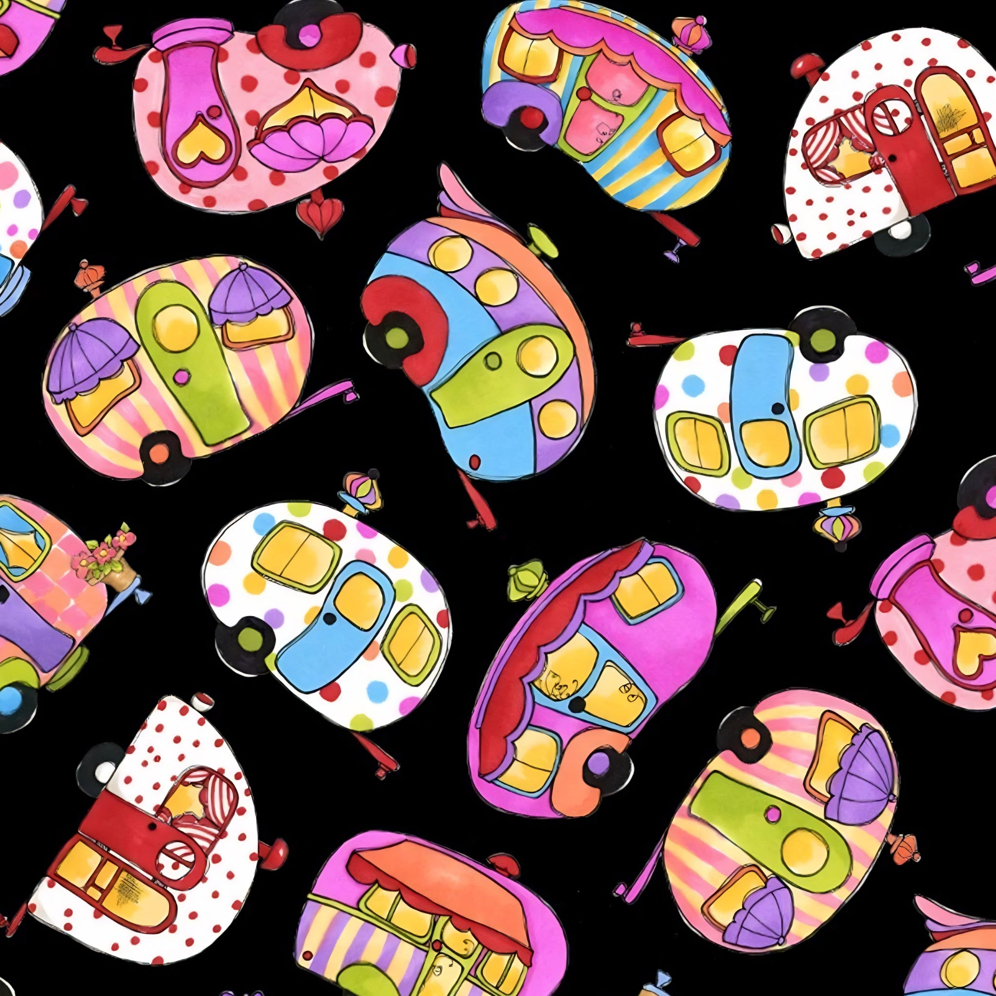 Novelty tossed retro caravans multi-colour black fabric for camping quilts bags cushions and caravan lover gifts Loralie Harris Designs
