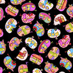 Novelty tossed retro caravans multi-colour black fabric for camping quilts bags cushions and caravan lover gifts Loralie Harris Designs