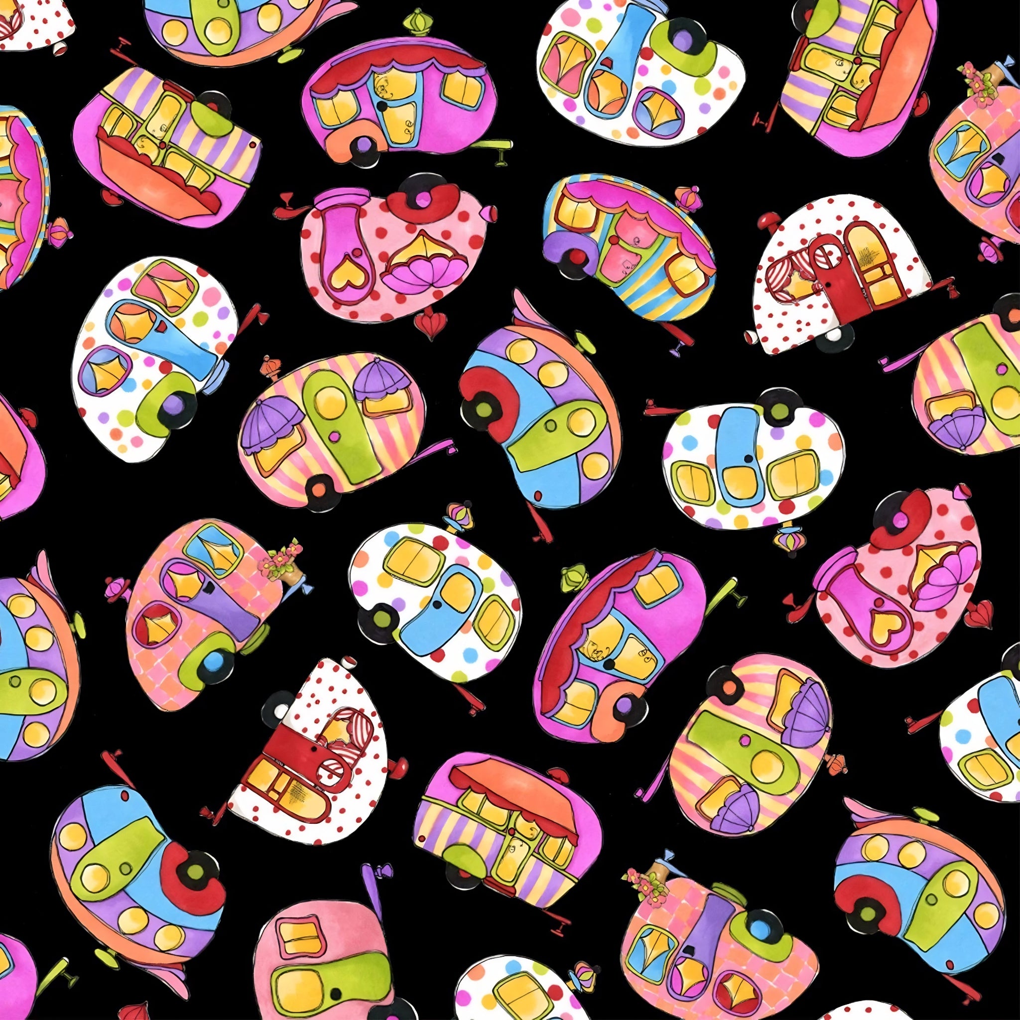 Novelty tossed retro caravans multi-colour black fabric for camping quilts bags cushions and caravan lover gifts Loralie Harris Designs
