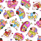 Novelty tossed retro caravans multi-colour white fabric for camping quilts bags cushions and caravan lover gifts Loralie Harris Designs