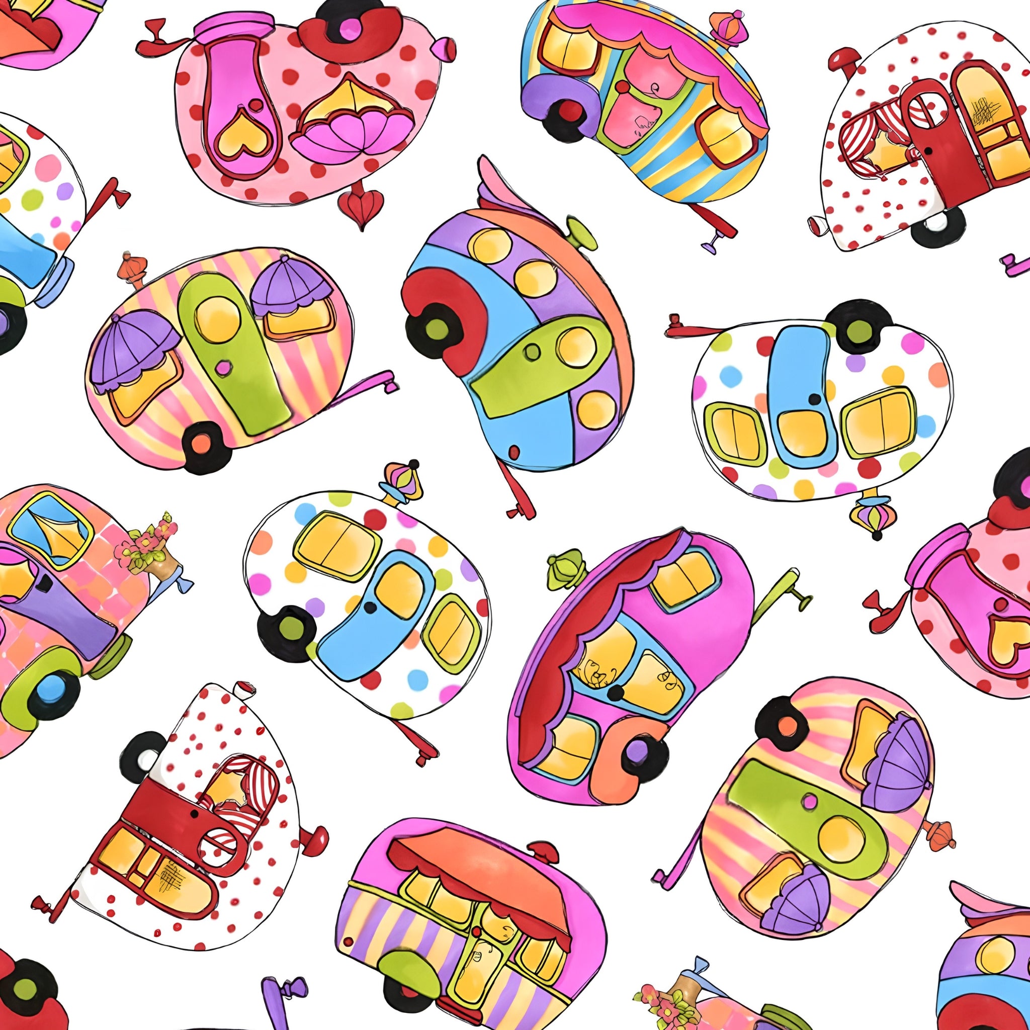 Novelty tossed retro caravans multi-colour white fabric for camping quilts bags cushions and caravan lover gifts Loralie Harris Designs