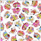 Novelty tossed retro caravans multi-colour white fabric for camping quilts bags cushions and caravan lover gifts Loralie Harris Designs