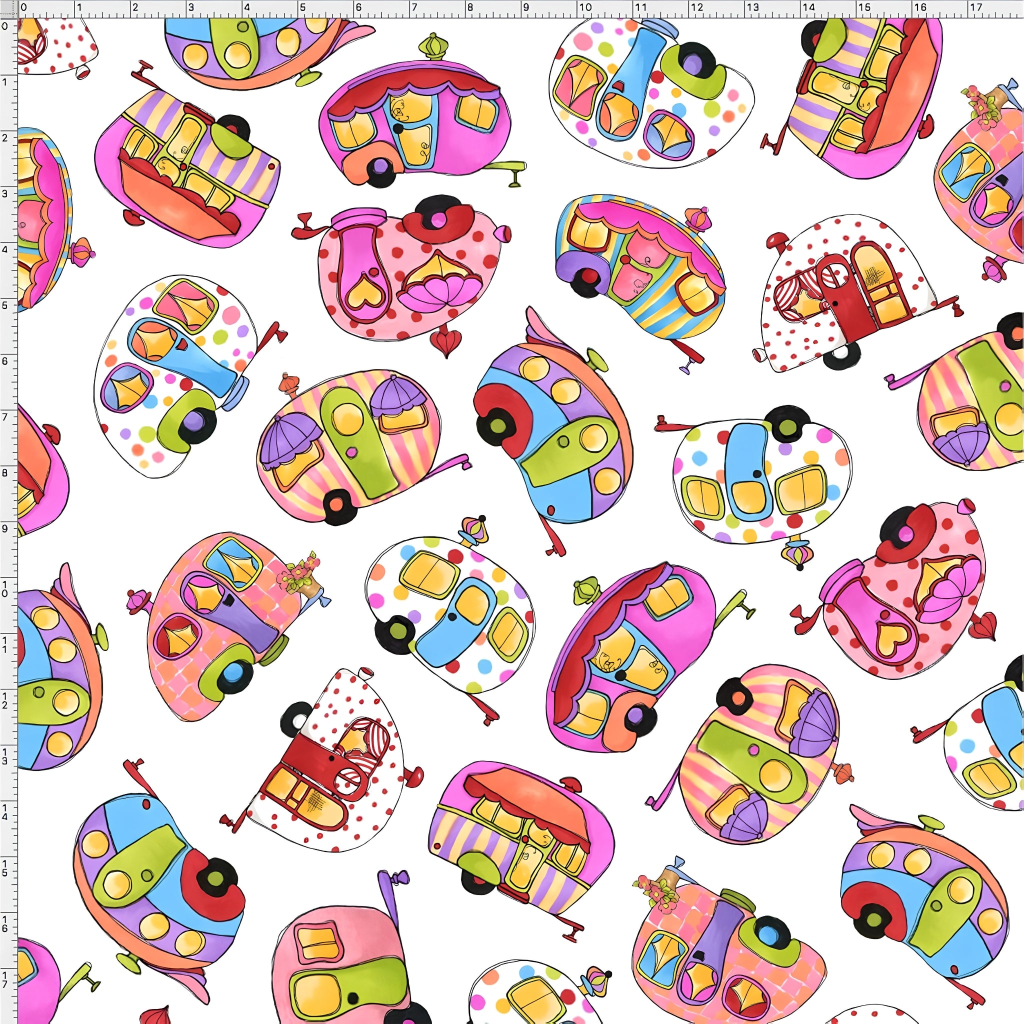 Novelty tossed retro caravans multi-colour white fabric for camping quilts bags cushions and caravan lover gifts Loralie Harris Designs