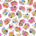 Novelty tossed retro caravans multi-colour white fabric for camping quilts bags cushions and caravan lover gifts Loralie Harris Designs
