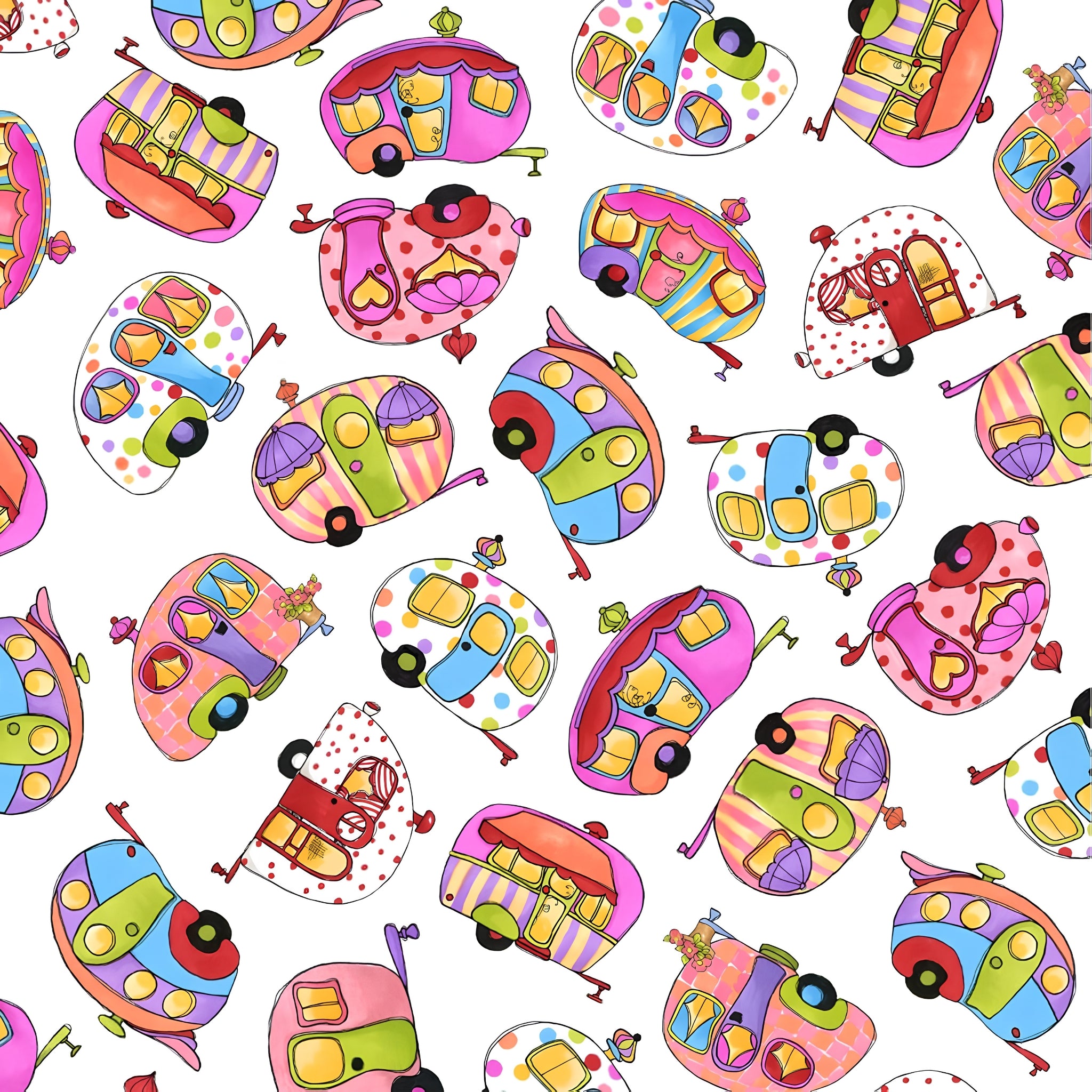 Novelty tossed retro caravans multi-colour white fabric for camping quilts bags cushions and caravan lover gifts Loralie Harris Designs