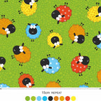 Illustrated rainbow sheep orange yellow blue red green fabric for baby quilts children's quilts novelty kids patchwork projects