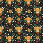 Highland cows long horns shaggy golden coats wildflowers sunflowers daisies black fabric for farm animal quilts and farmer gifts