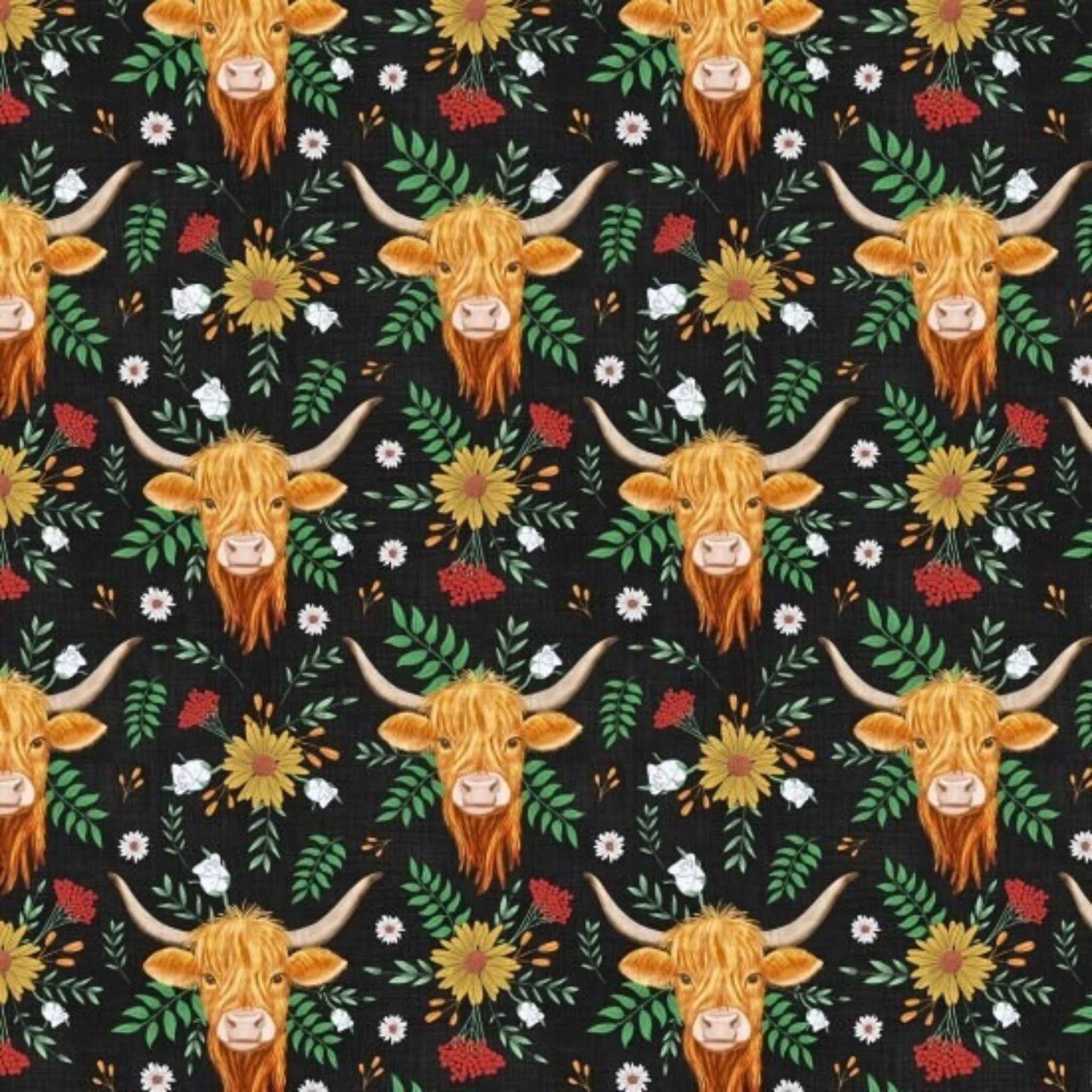 Highland cows long horns shaggy golden coats wildflowers sunflowers daisies black fabric for farm animal quilts and farmer gifts