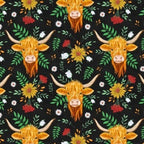 Highland cows long horns shaggy golden coats wildflowers sunflowers daisies black fabric for farm animal quilts and farmer gifts