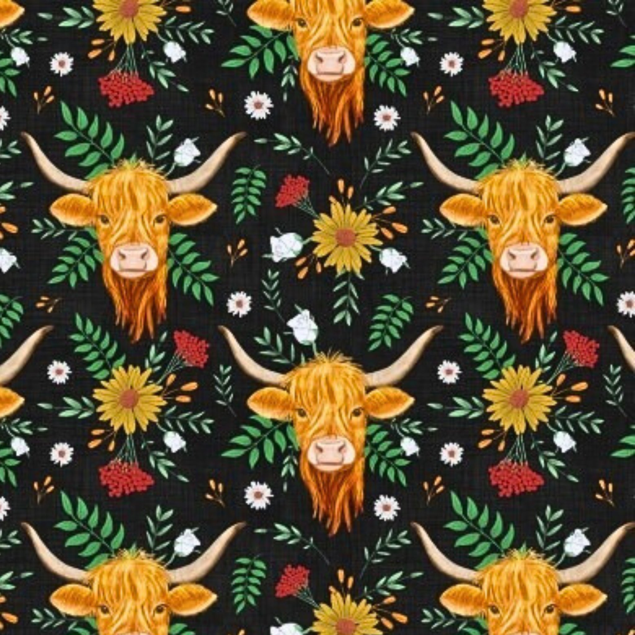 Highland cows long horns shaggy golden coats wildflowers sunflowers daisies black fabric for farm animal quilts and farmer gifts