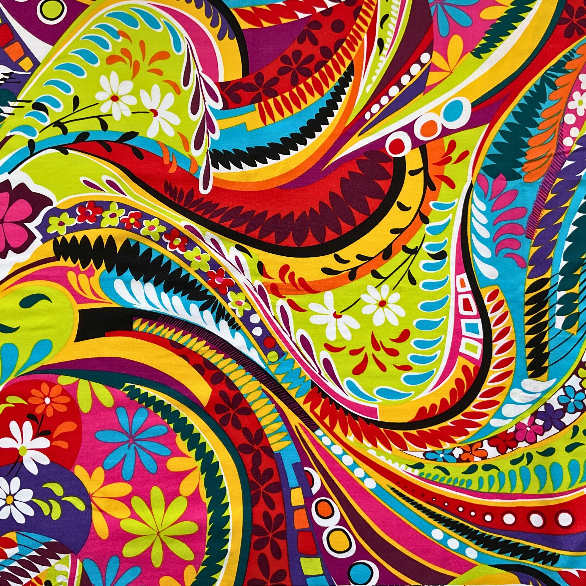 Retro hippie paisley multi red lime green yellow turquoise fabric for bohemian quilts tote bags patchwork sewing projects
