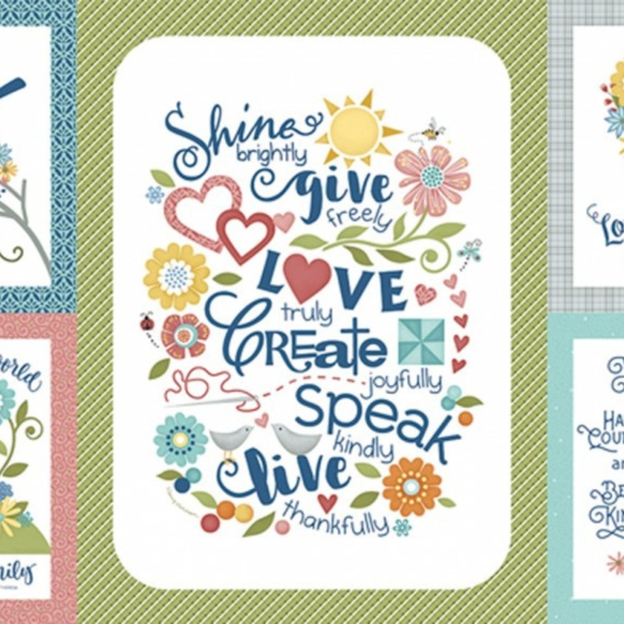 Panel five blocks inspirational messages flowers birds house beehive heart fabric for wall hangings cushions and home-themed quilts