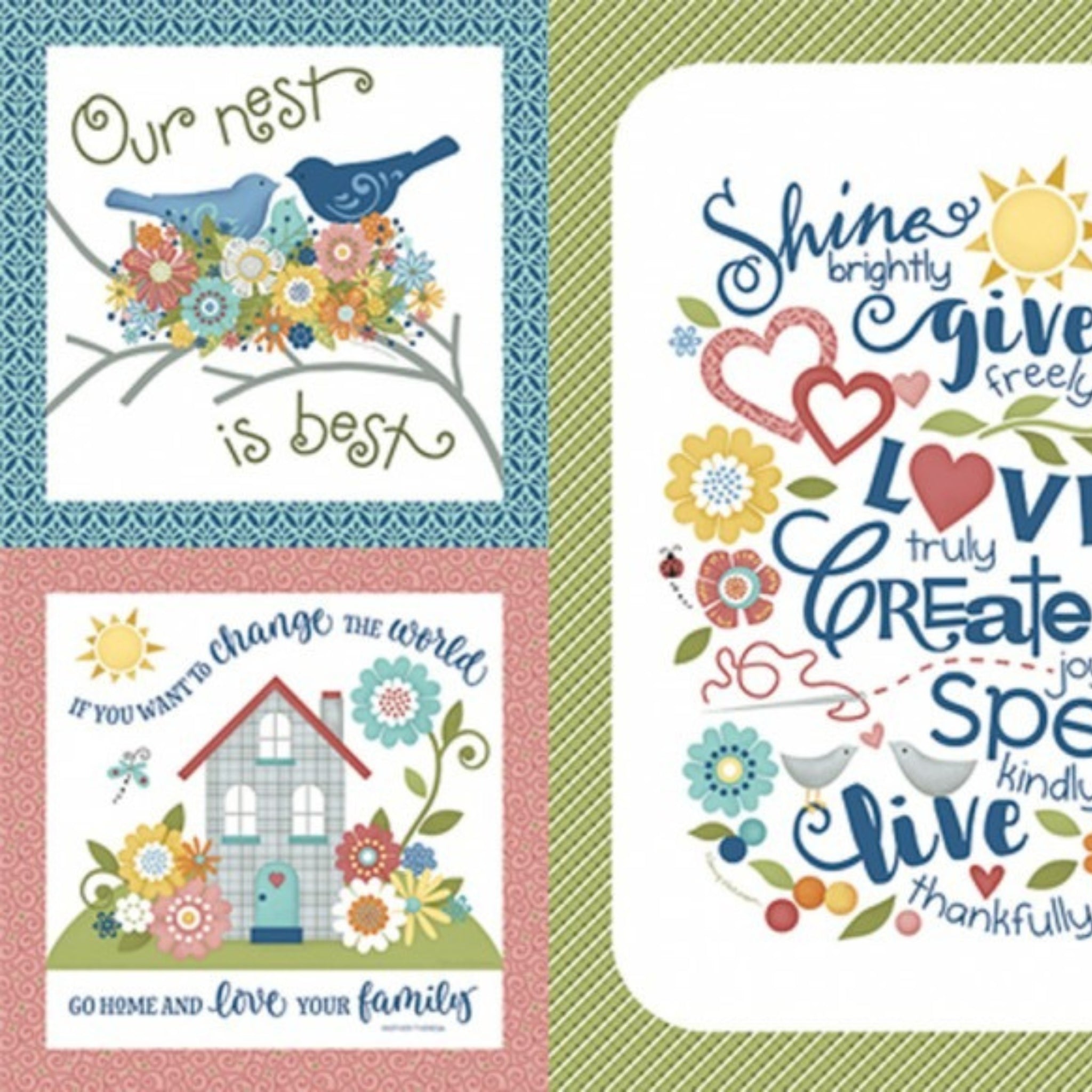 Panel garden blocks inspirational messages flowers birds house beehive heart fabric for wall hangings cushions and home-themed quilts