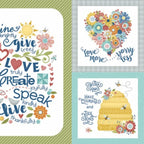 Panel five blocks inspirational words flowers birds house beehive heart fabric for wall hangings cushions and home-themed quilts