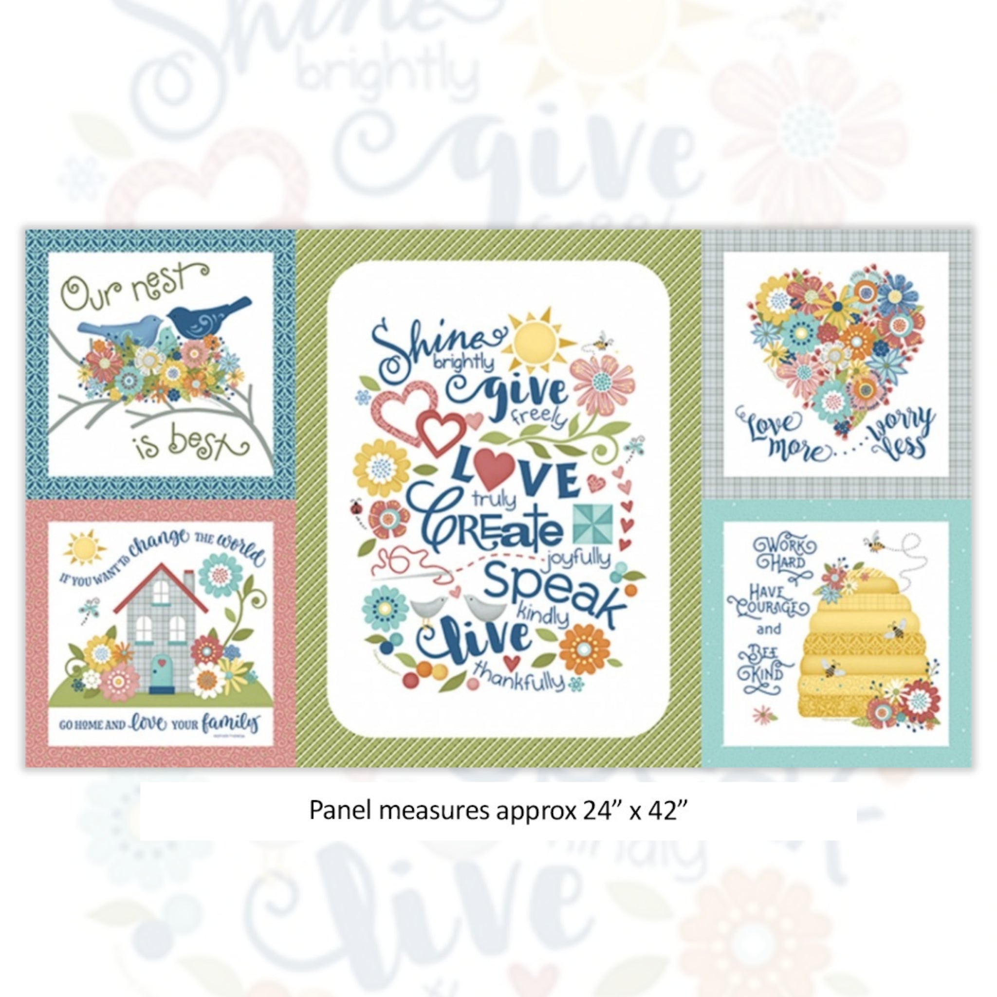 Panel five blocks inspirational messages flowers birds house beehive heart fabric for wall hangings cushions and home-themed quilts