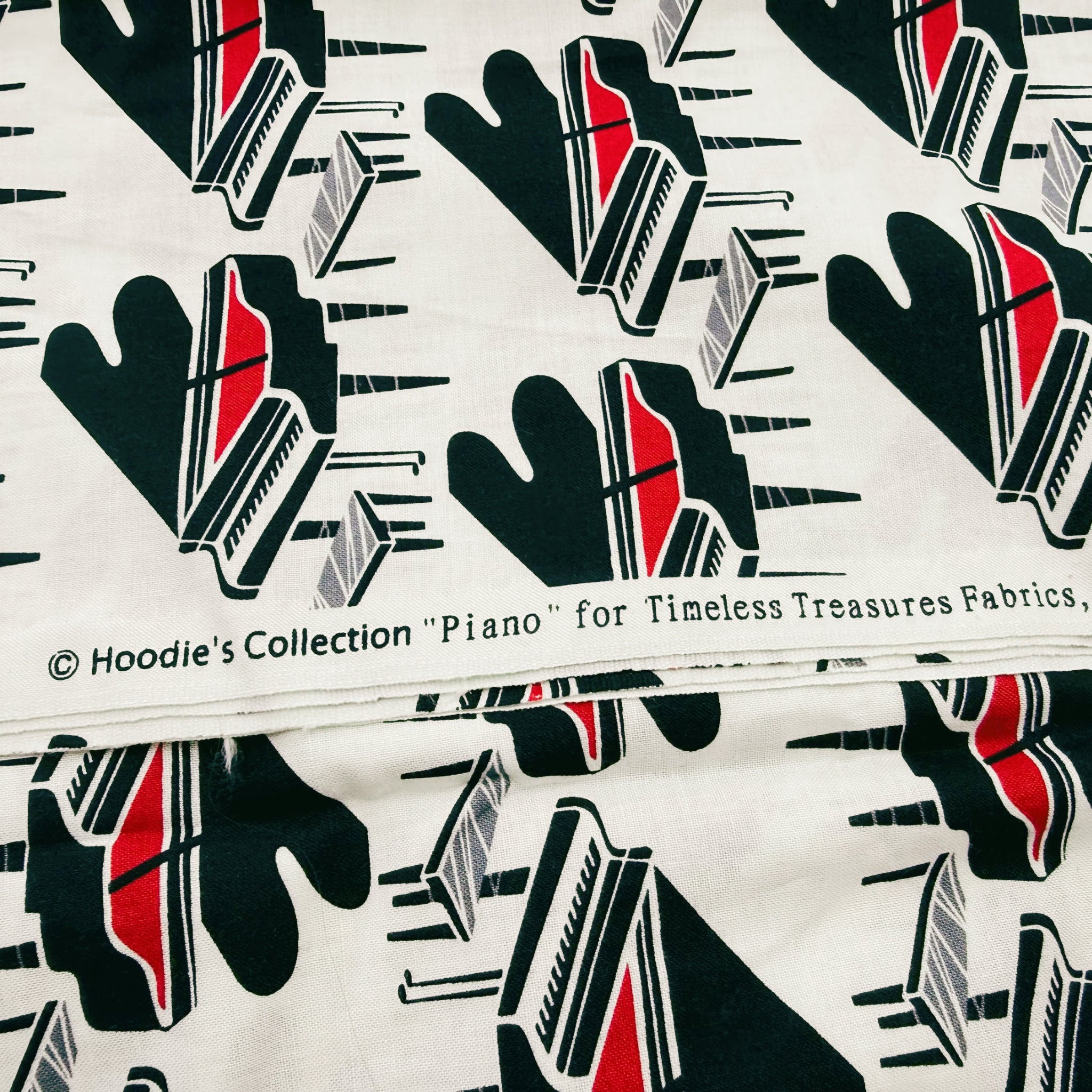 Illustrated grand pianos red interiors piano stools black cream fabric for music-themed quilts novelty projects and musician gifts
