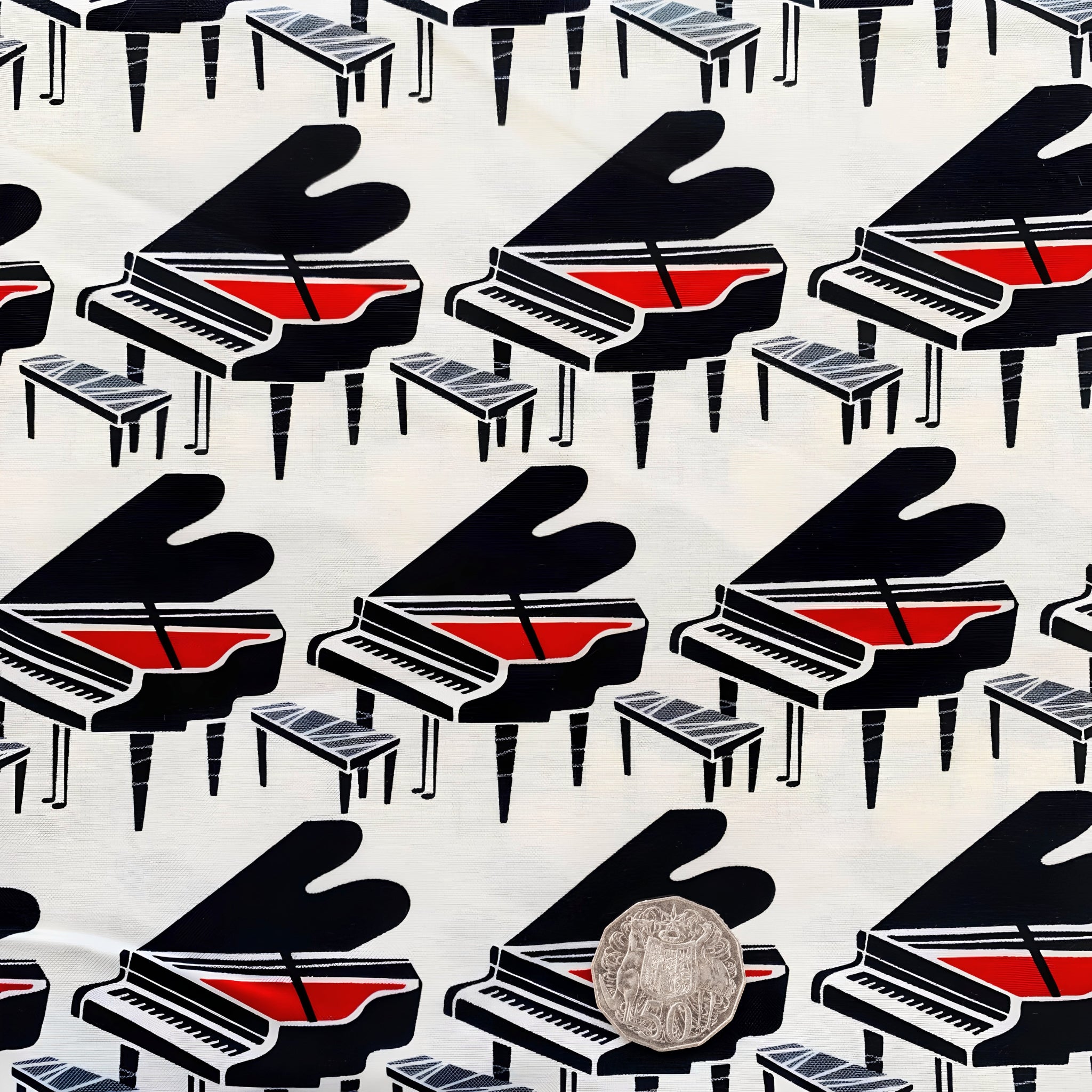 Grand piano novelty black red cream fabric for music quilts music teacher gifts and musician sewing projects