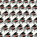 Illustrated grand pianos red interiors piano stools black cream fabric for music-themed quilts novelty projects and musician gifts