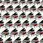 Illustrated grand pianos red interiors piano stools black cream fabric for music-themed quilts novelty projects and musician gifts
