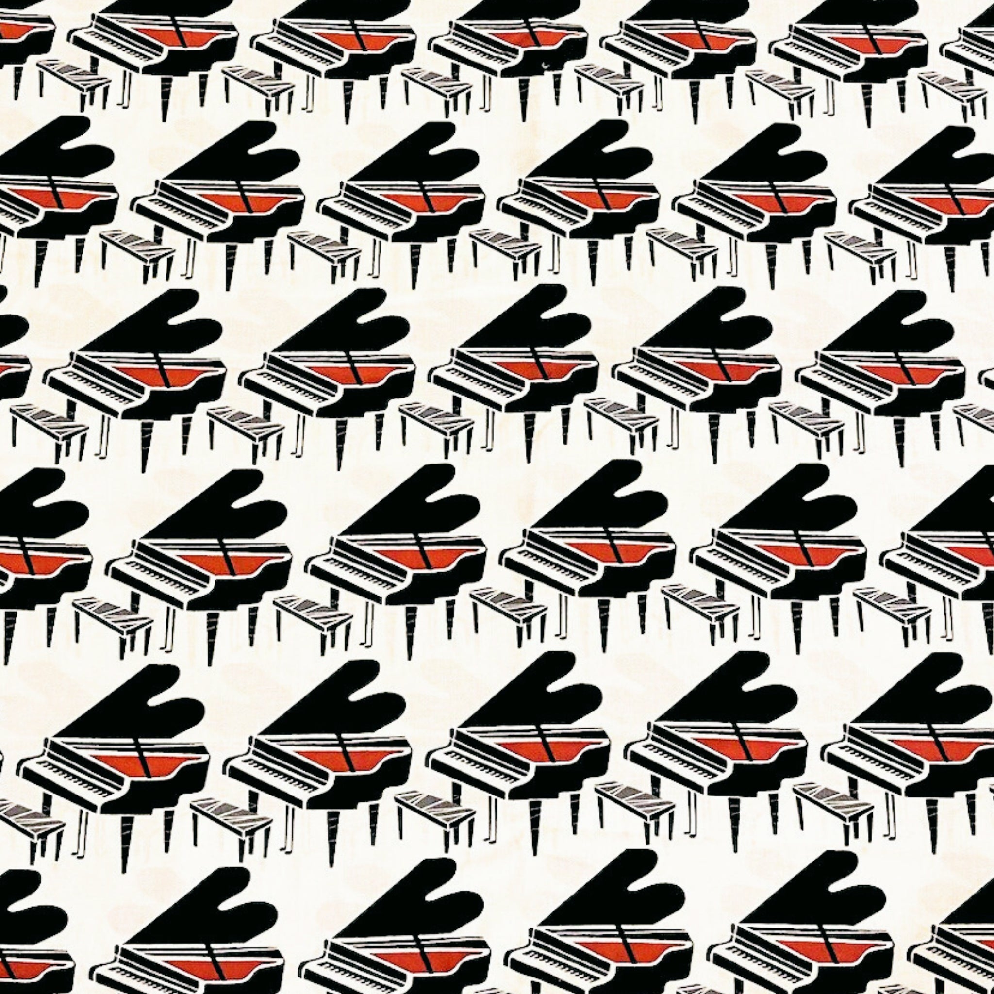 Illustrated grand pianos red interiors piano stools black cream fabric for music-themed quilts novelty projects and musician gifts