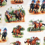 Thoroughbred racehorses jockeys silks cream background fabric for horse racing quilts sports projects and racing enthusiast gifts