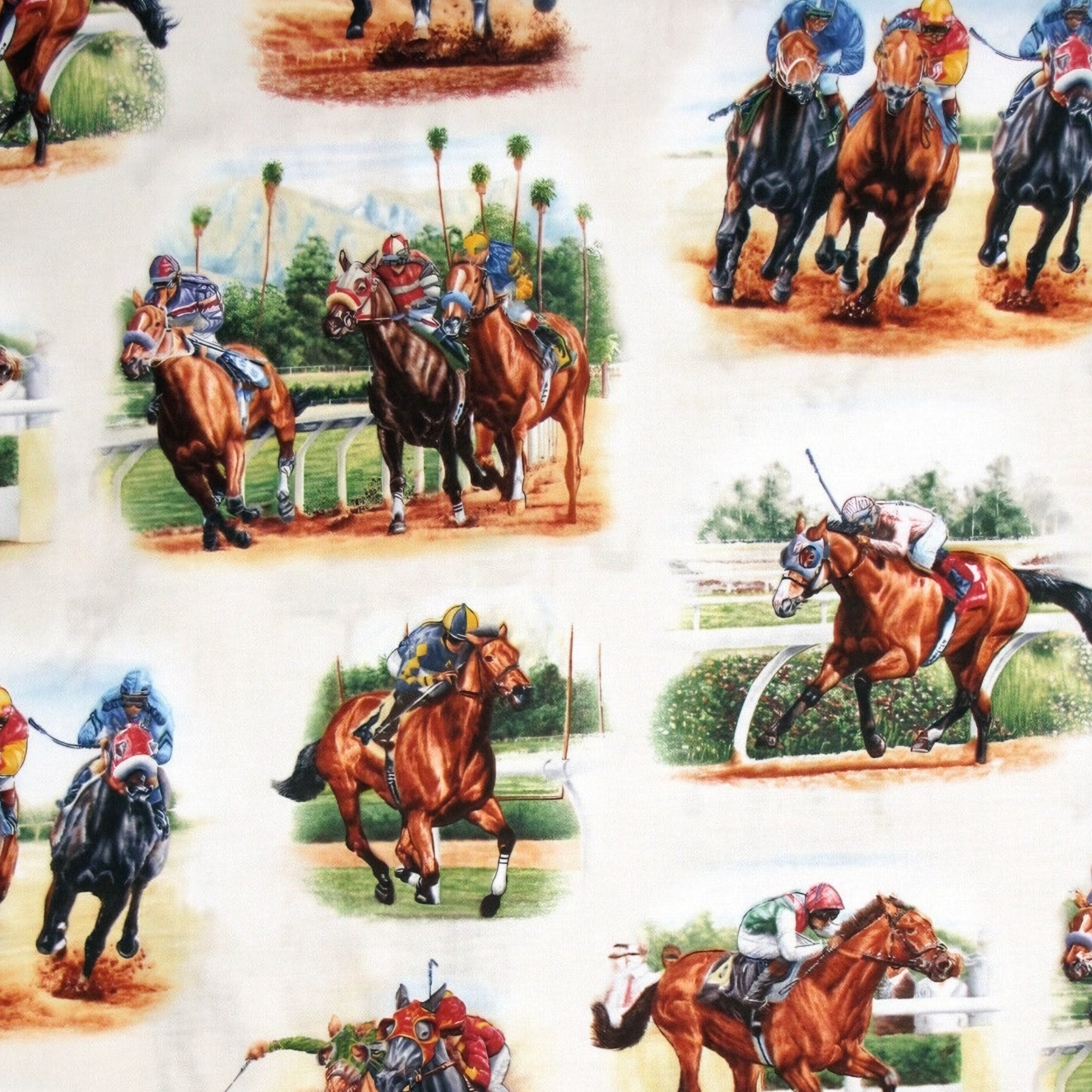 Thoroughbred racehorses jockeys silks cream background fabric for horse racing quilts sports projects and racing enthusiast gifts