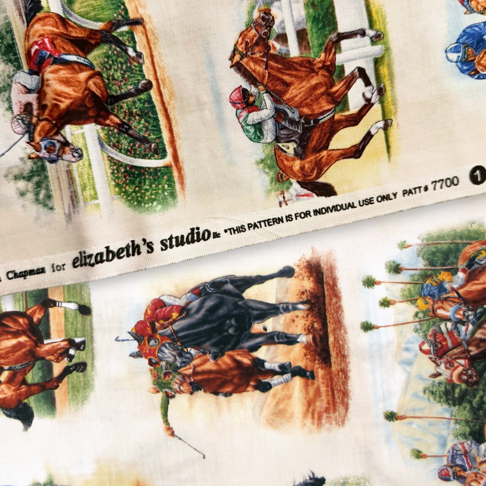 Thoroughbred racehorses jockeys silks cream background fabric for horse racing quilts sports projects and racing enthusiast gifts