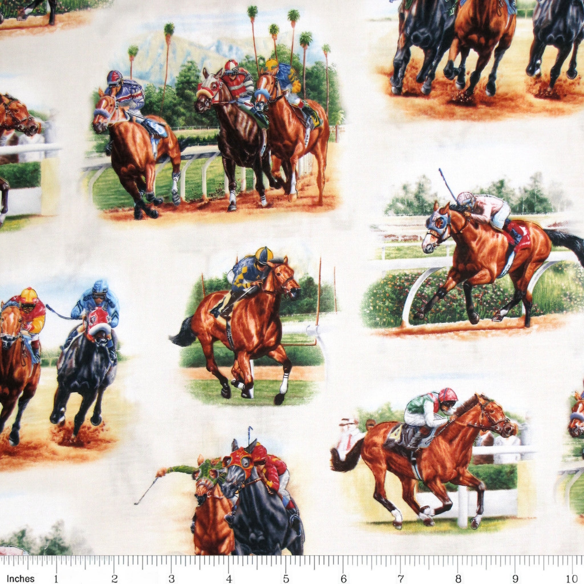 Thoroughbred racehorses jockeys silks cream background fabric for horse racing quilts sports projects and racing enthusiast gifts
