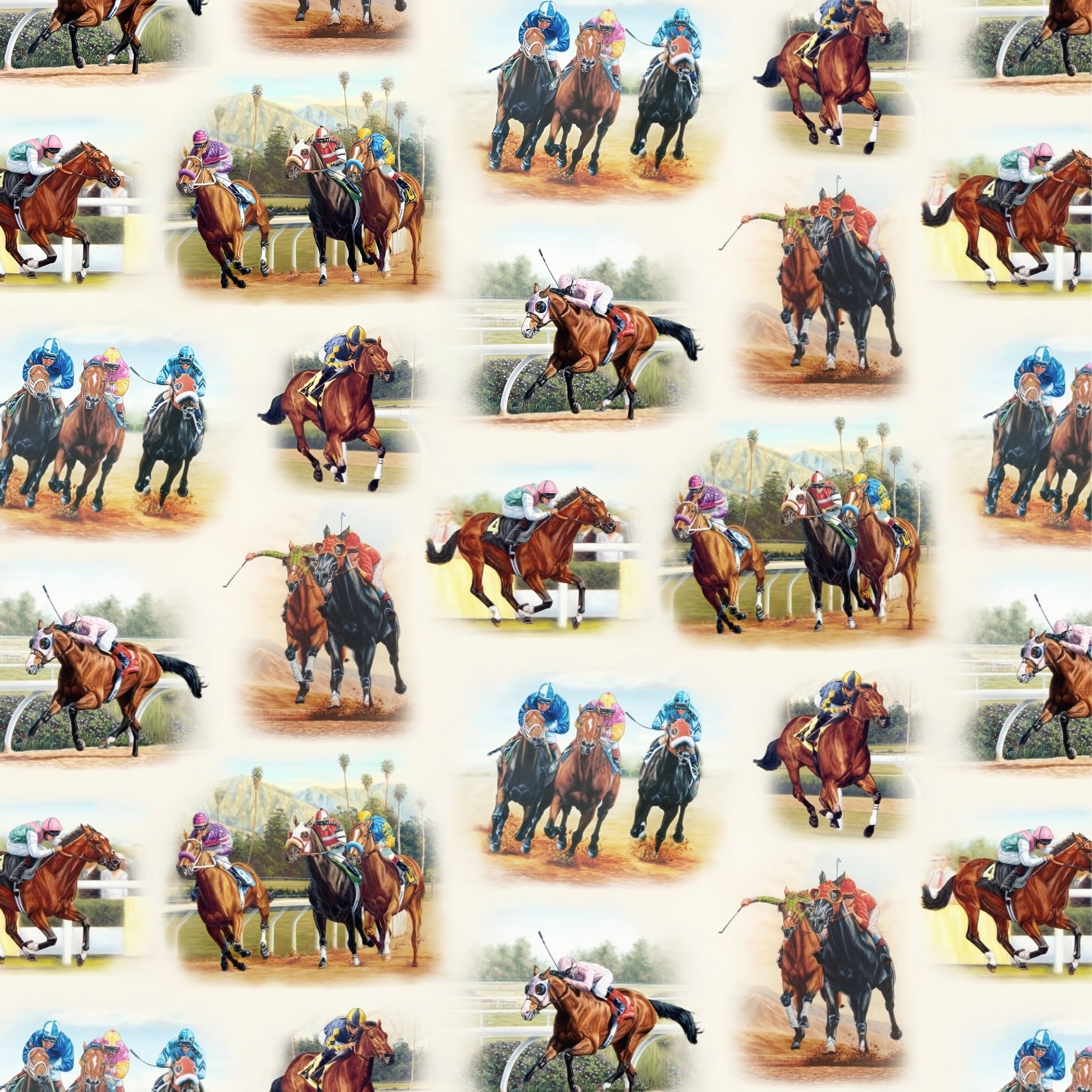 Thoroughbred racehorses jockeys silks cream background fabric for horse racing quilts sports projects and racing enthusiast gifts