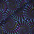 Black fabric with swirling, dotted spirals in blue, turquoise, green, and purple