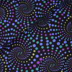 Black fabric with swirling, dotted spirals in blue, turquoise, green, and purple