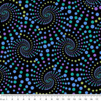 Black fabric with swirling, dotted spirals in blue, turquoise, green, and purple