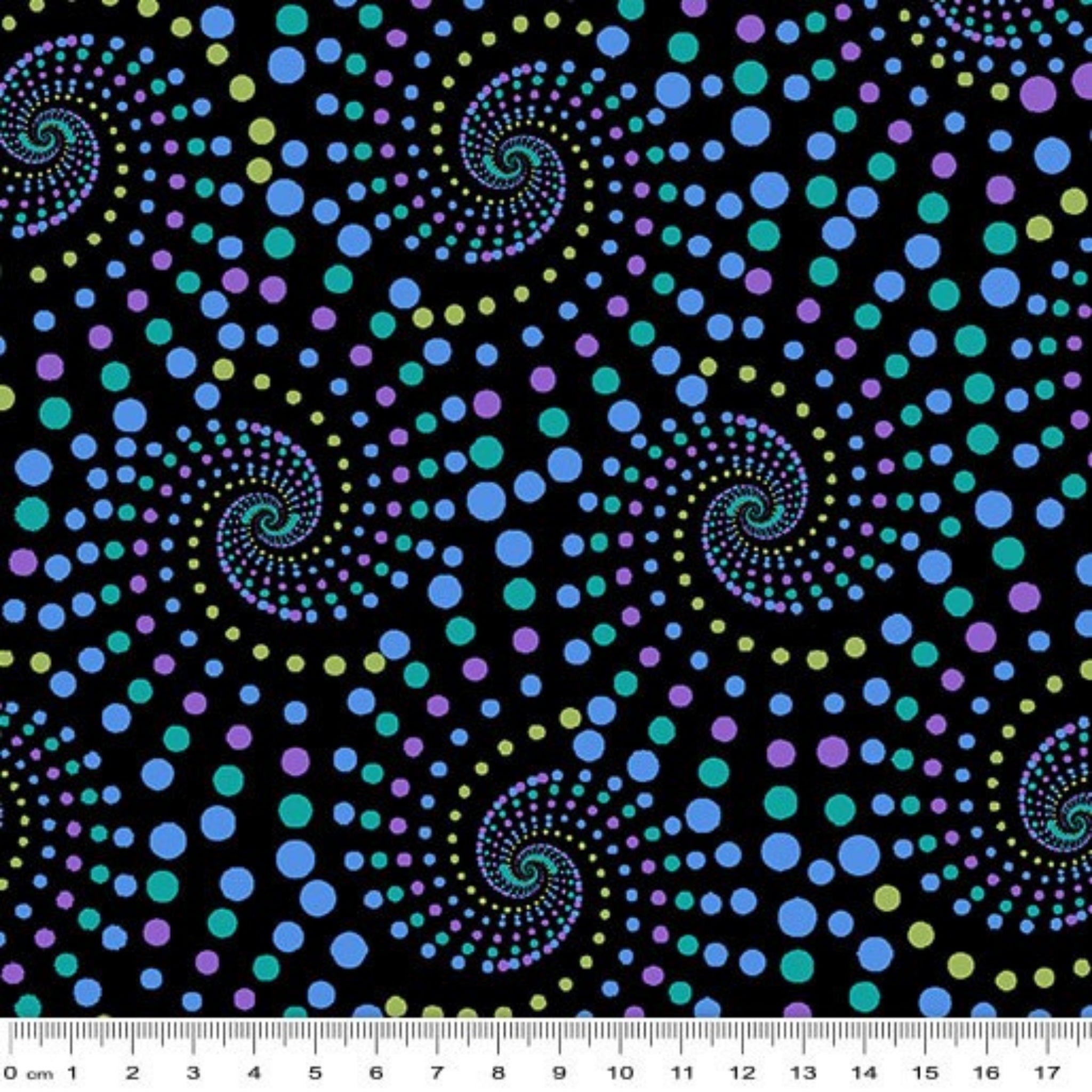 Black fabric with swirling, dotted spirals in blue, turquoise, green, and purple